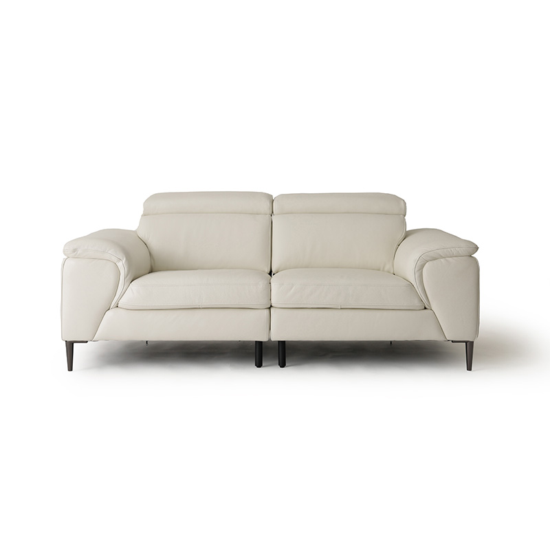 深みのある重厚感が存在感を放つ快適に過ごせる革製2.5人掛けソファーを正面から。