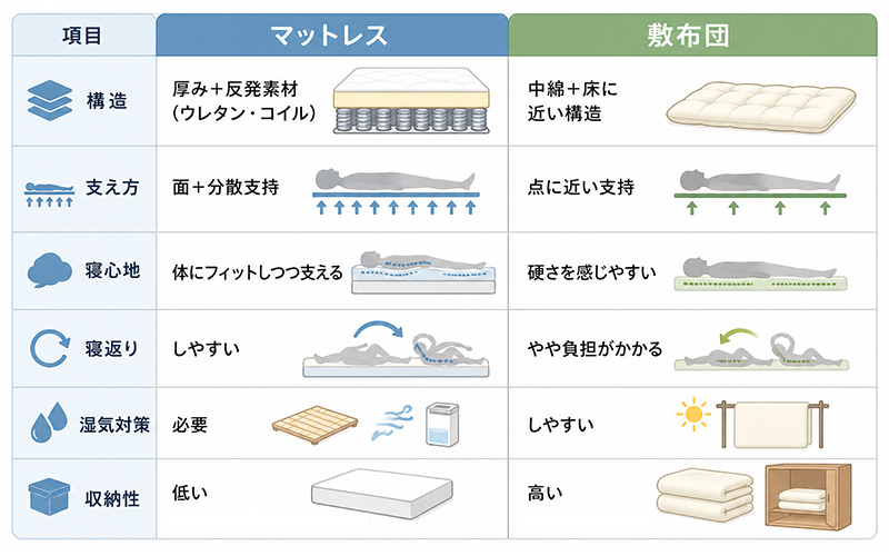 マットレスと敷布団の違い一覧表