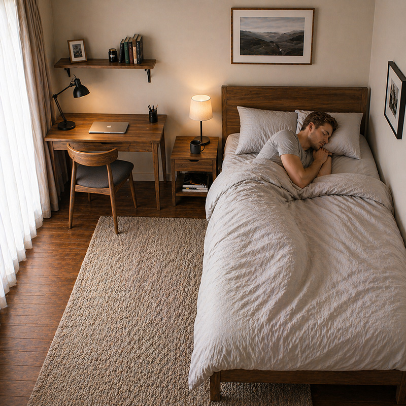 一人暮らしの部屋にセミダブルマットレスが設置されているイメージ