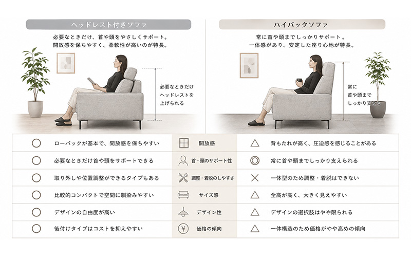 ヘッドレストソファとハイバックソファ