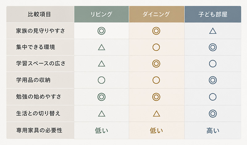 リビング・ダイニング・子ども部屋比較表